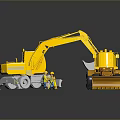 Yellow Construction Excavator Loader Vehicles With Worker Figures And Tripod