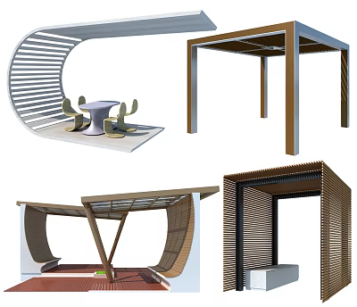 Modern Outdoor Pergola Designs With Slatted Wooden Metal Structures And Patio Seating 3d model