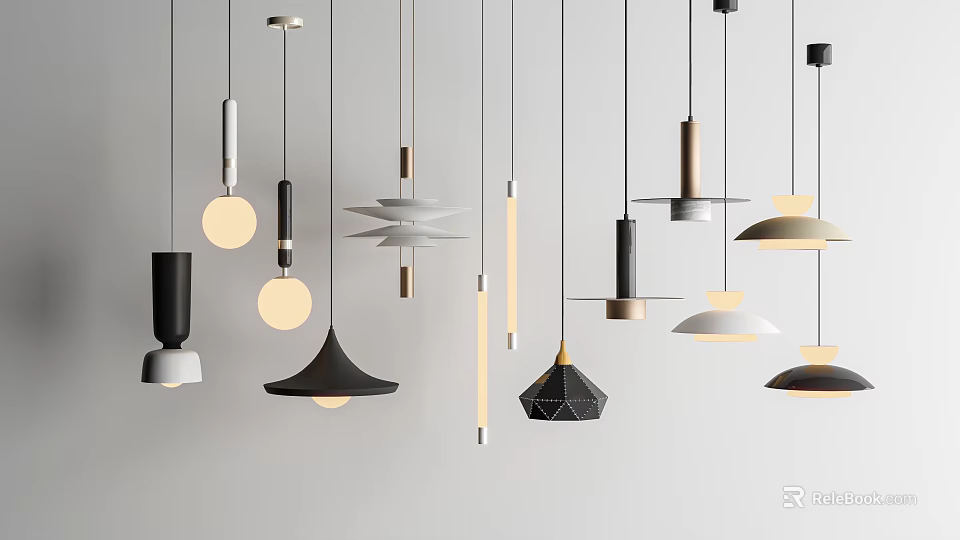 Modern Pendant Lights With Various Designs Hanging On White Background For Interior Decor 3d model