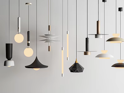 Modern Pendant Lights With Various Designs Hanging On White Background For Interior Decor 3d model