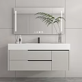 Modern Bathroom Vanity with Large Mirror Light Gray Wall White Countertop Green Plant and Drawers