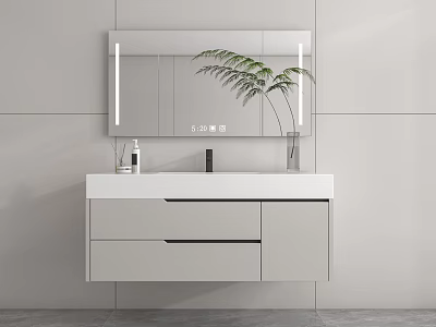 Modern Bathroom Vanity with Large Mirror Light Gray Wall White Countertop Green Plant and Drawers 3d model