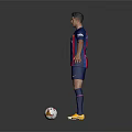 Man Standing in Blue and Red Striped Football Jersey with Soccer Ball at Feet