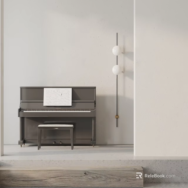 Stylish Gray Piano with Bench Music Sheet and Floor Lamp Against White Wall 3d model 