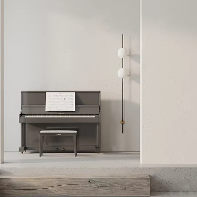 Stylish Gray Piano with Bench Music Sheet and Floor Lamp Against White Wall 3d model