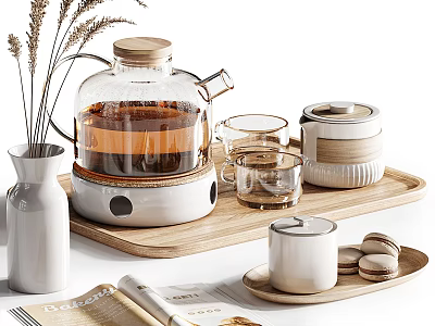 Elegant Glass Teapot Tea Set With Wooden Tray White Vase Magazine And Macarons 3d model