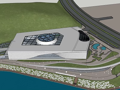 Modern Library Building with Glass Roof Design and Surrounding Water Feature Grass Area 3d model