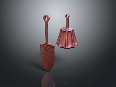 Ancient Red Metal Weapons Featuring Shovel Shaped And Bladed Design With Ring Handles 3d model