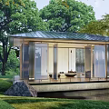 Traditional Garden Landscape With Pavilion Green Trees Lawn Stone Path And Water Feature