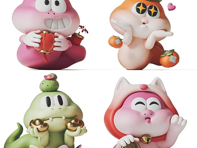 Cute Cartoon Sculptures with Colorful Designs and Handheld Items Like Lantern Persimmon Bells 3d model