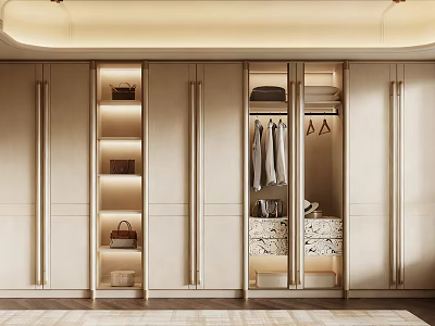 Elegant Modern Wardrobe Interior With Lighted Shelves Hanging Clothes And Marble Drawers 3d model