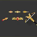 Decorative Medieval Weapons Collection Featuring Bow Shield Sword And Axe With Golden Accents