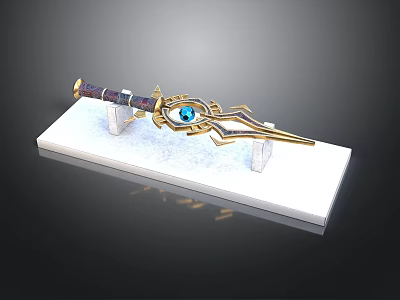 Ornate Decorative Sword With Blue Gem And Gold Accents On White Stand 3d model