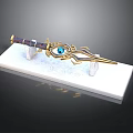 Ornate Decorative Sword With Blue Gem And Gold Accents On White Stand