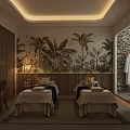 SPA Sauna Relaxing Room With Massage Bed Towels Plants And Decorative Lights