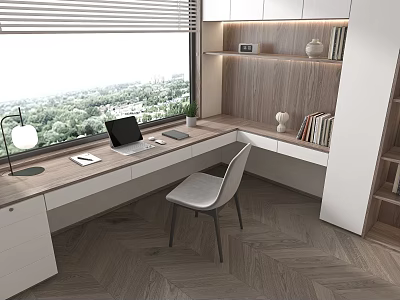 Modern Home Office with Window Desk Laptop Tablet Table Lamp Bookshelf and Herringbone Wooden Floor 3d model