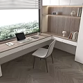 Modern Home Office with Window Desk Laptop Tablet Table Lamp Bookshelf and Herringbone Wooden Floor