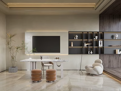 Modern Study Room Interior Design With TV Shelves Table Chair Plant And Decorative Items 3d model