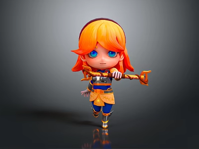 Cute Cartoon Style Game Movie Character With Orange Hair Blue Eyes Running And Holding Weapon 3d model