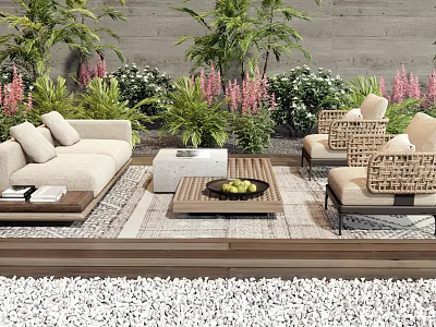 Comfortable Outdoor Sofa With Wicker Chairs Coffee Tables And Lush Plants On Wooden Deck 3d model