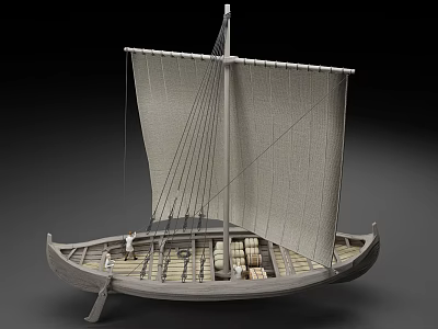Ancient Sailing Boat Model With Beige Sails Wooden Hull And Cargo 3d model
