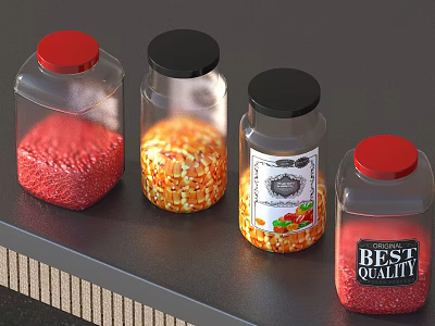 Various Colored Food Grains in Transparent Jars with Red Black Lids and Best Quality Label 3d model
