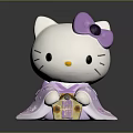 Cute White Cat Character In Purple Kimono With Purple Bow Holding Small House Decoration