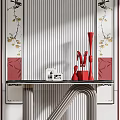 Elegant Modern Console Table Design With Lattice Walls Striped Wall Red Ornaments And Decorative Paintings