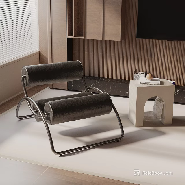 Modern Leisure Chair With Metal Frame Rolled Leather Seats Accent Side Table And Wooden Wall 3d model 