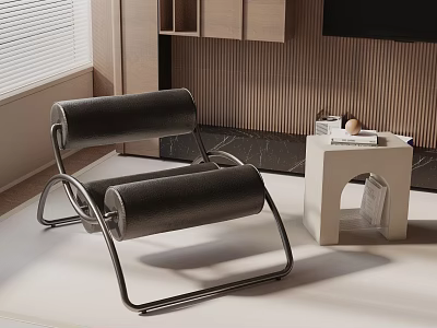 Modern Leisure Chair With Metal Frame Rolled Leather Seats Accent Side Table And Wooden Wall 3d model