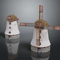 Decorative Windmill Model Equipment With Wooden Blades Straw Roof White Body And Stone Base
