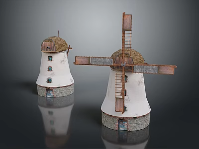 Decorative Windmill Model Equipment With Wooden Blades Straw Roof White Body And Stone Base 3d model