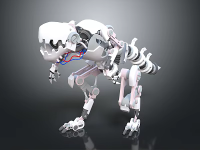 White Mechanical Dinosaur Skeleton With Robotic Joints And Red Blue Wires 3d model