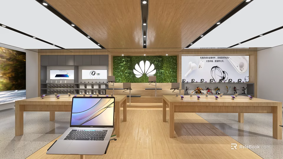 Modern Digital Store Interior With Huawei Logo Display Laptops And Headphones On Wooden Tables 3d model 