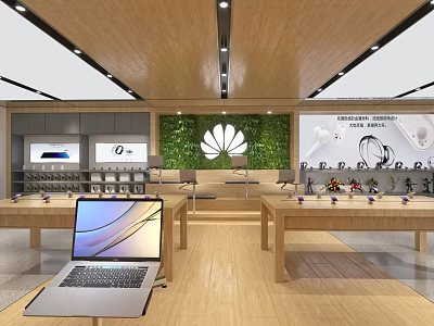 Modern Digital Store Interior With Huawei Logo Display Laptops And Headphones On Wooden Tables 3d model