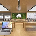 Modern Digital Store Interior With Huawei Logo Display Laptops And Headphones On Wooden Tables