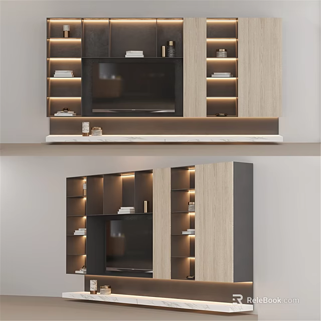 Modern TV Wall Design With Wooden Panels LED Lighting And Storage Shelves 3d model 