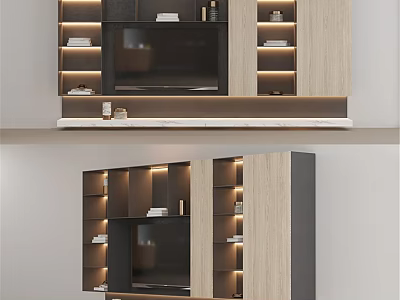 Modern TV Wall Design With Wooden Panels LED Lighting And Storage Shelves 3d model
