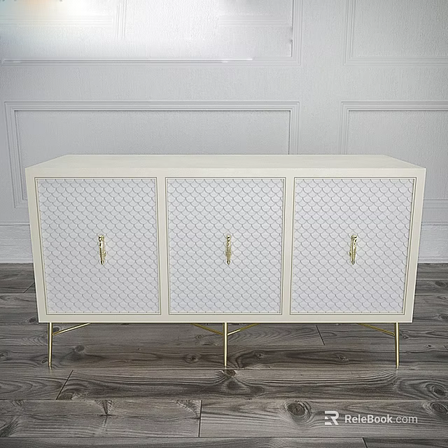Elegant White Console Cabinet With Lattice Doors Gold Handles And Metal Legs For Hallway 3d model 