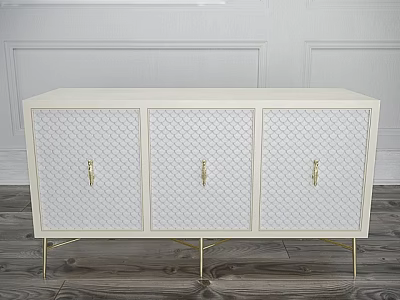 Elegant White Console Cabinet With Lattice Doors Gold Handles And Metal Legs For Hallway 3d model