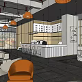 Modern Sales Office Interior With Orange Pendant Lights Comfortable Sofas And Decorative Wall 3d model