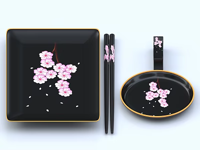 Black Dinnerware Set With Pink Cherry Blossoms Square Plate Chopsticks And Oval Handled Plate 3d model