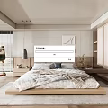 Modern Minimalist Bedroom Interior With Wooden Platform Bed Decorative Painting And Hanging Light