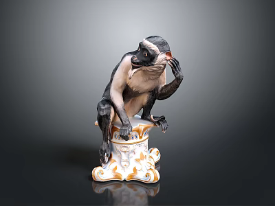 Monkey Statue Figure Sitting On Decorative White Gold Base With Ornate Design 3d model