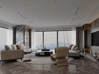 Modern Stylish Living and Dining Room with Large Windows Sofa Coffee Table and TV Unit 3d model