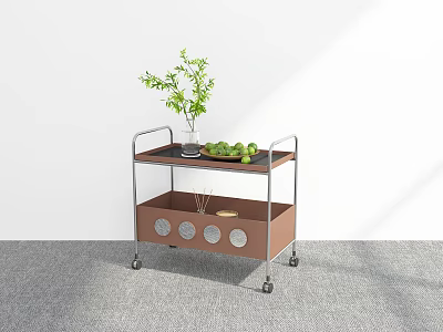 Two Tier Mobile Storage Rack With Metal Frame Brown Shelf Green Plants And Fruits 3d model