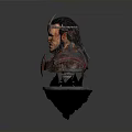 Suspended 3D Horned Demon Character With Fierce Expression Armored Shoulders And Glowing Red Base