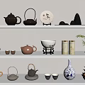 Various Tea Set Display with Teapots Teacups Plates Jars and Plants on Multi Tiered Shelves