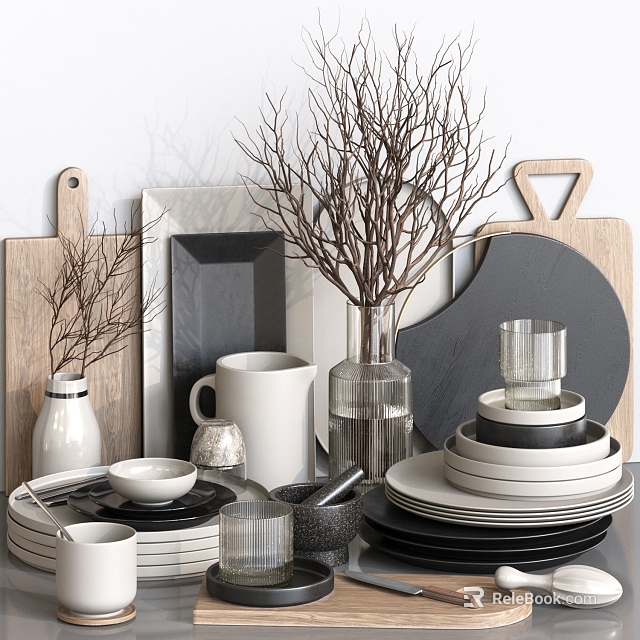 Modern Kitchenware Display Featuring Stacked Plates Bowls Mugs And Wooden Chopping Boards 3d model 
