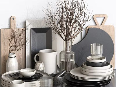 Modern Kitchenware Display Featuring Stacked Plates Bowls Mugs And Wooden Chopping Boards 3d model